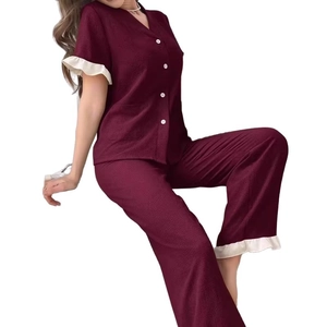 Burgundy short sleeve pajama set with V-neck, white ruffled edges and button-up front