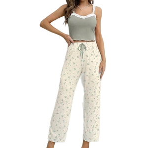 Lace trim camisole and floral print pants pajama set in bean green and cream white