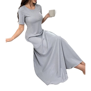 Minimalist grey short sleeve maxi dress for women with backless tie design and slim fit