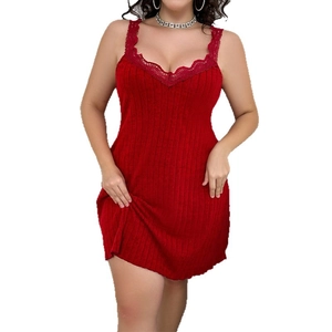 Rotes geripptes Strickkleid mit Spitze, lockeres ärmelloses Nachthemd für Damen