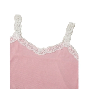 Pink ribbed floral three-piece pajama set with delicate lace trim and soft knit fabric