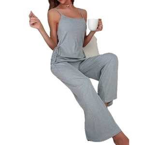 Gray ribbed knit camisole and wide leg lounge pants set with side drawstring detail