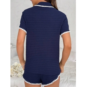 Navy blue textured short pajama set for women with delicate white scalloped lace trim