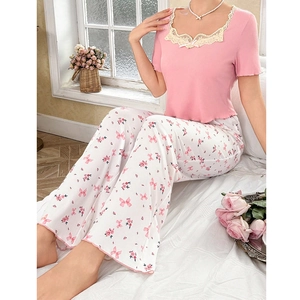 Women Sweet Lace Floral Pajama Top And Bottom Ribbed Lace Trim Short Sleeve Shirt And Floral Print Long Pants Sleepwear