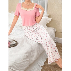Floral lace pajama set for women with pink ribbed top and drawstring floral pants