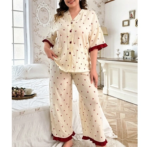 Plus size cherry print pajama set with V-neck button top and ruffled wide-leg pants