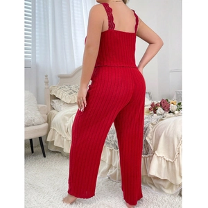 Dark red two-piece rib-knit loungewear set with lace straps and wide-leg pants