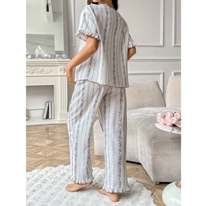 Floral maternity pajama set with short-sleeve top, ruffle edges and purple flower stripes