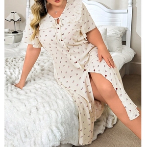 Women's plus size cherry print nightgown with lace V-neck and button front details