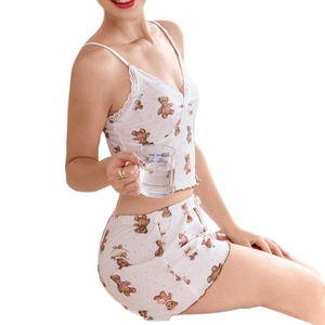Lace-trimmed teddy bear print pajama set with camisole top and matching shorts