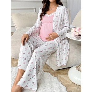 Set pigiama premaman 3 pezzi a fiori con canotta in pizzo e cardigan in cotone a coste