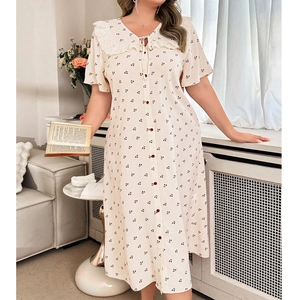 Short sleeve beige nightdress with red cherry print and white lace collar for women