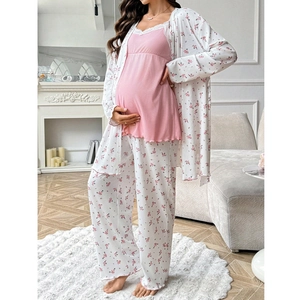 Pigiama premaman 3 pezzi con cardigan a fiori rosa e canotta con bordo in pizzo