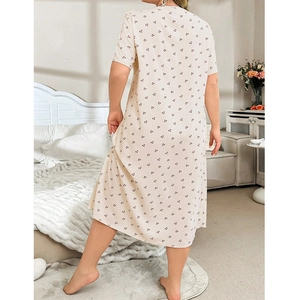 Floral doll collar pajama dress in beige with red cherry pattern for summer homewear