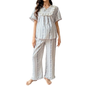 Floral maternity pajama set with white lace ruffles and purple striped flower pattern