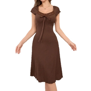Coffee brown lace trim nightdress with ribbon bow and elegant square neckline for women