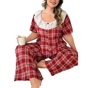 Women's red plaid pajamas set with short sleeves and white lace Peter Pan collar