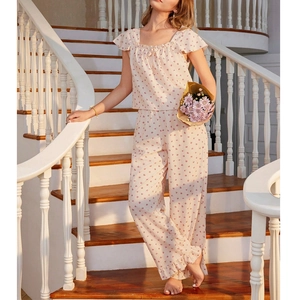 Floral two-piece women's pajama set with ruffle sleeves and square neck in cream