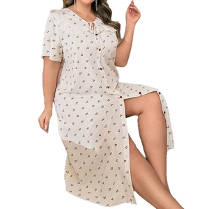 Plus size cherry print summer dress with ruffle V-neck and button-down slit skirt