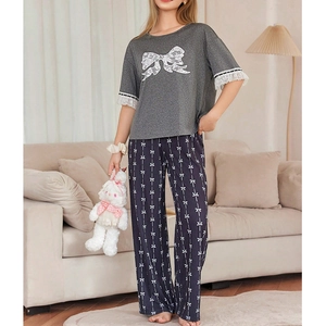 Women Sweet Lace Bow Pajamas Set Summer Short Sleeve Top And Printed Long Pants Loungewear Casual Soft Home Clothes