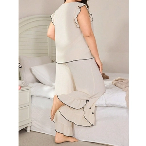 Ensemble de pyjama beige pour femmes avec col en V, manches volantées et pantalon large