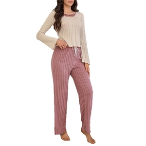 Women's rib-knit pajama set with cutout neckline top and drawstring wide-leg pants