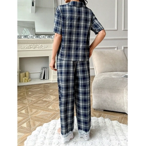 Lace trim plaid pajama set for women featuring short sleeve top and long pants in navy blue