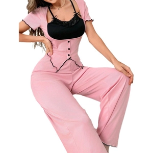 Rosa 3-teiliges Loungewear-Set mit Strickjacke, Weste und weit geschnittener Strickhose