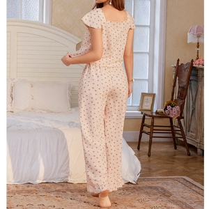 Floral print two-piece pajama set with square neck top and ruffled hem loungewear pants