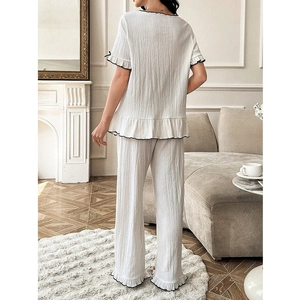 Women's maternity pajamas set with short sleeves, ruffled edges and contrast piping