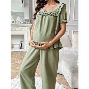 Sage green maternity sleepwear set with ruffle trims and doll collar for summer comfort