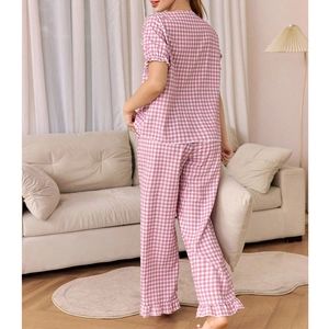 Short sleeve pink plaid pajama set for women with ruffle trim and straight-leg trousers