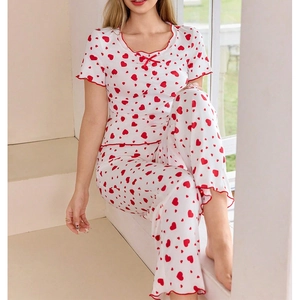 Women's pajama set with red heart print short sleeve top and matching pants