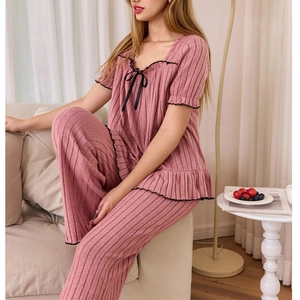 Women Short Sleeve Long Pants Pajama Set Rib Knit Square Neck Pink Sleepwear With Bow Lettuce Trim Top And Pants Home Suit