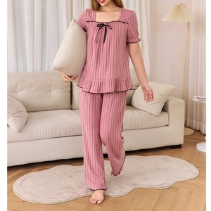 Women's two-piece dusty rose pajama set with square neck top and wide leg pants