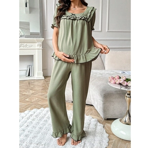 Sage green maternity sleepwear set with ruffled collar and pleated soft texture fabric