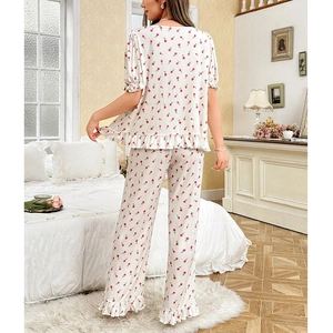 Women floral lace pajama set with square neck and ruffle hem for summer loungewear