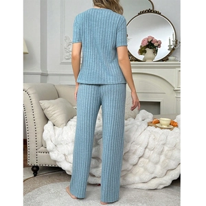 Loose maternity pajamas set in light blue ribbed fabric with short sleeve top and long pants
