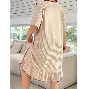 Women's rib-knit nightgown in beige with red ruffled edges and casual loose fit design