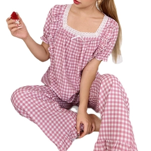 Pink plaid women's pajama set with square neck lace collar and short sleeve pants