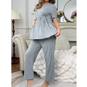 Light gray maternity loungewear set with V-neck wrap top and wide leg pants