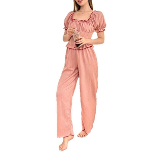 Pink square-neck pajama set with red ruffled trim and wide-leg trousers for summer