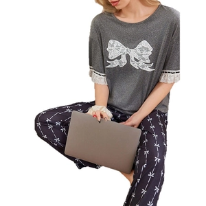 Women's grey lace short sleeve pajama set with black printed bow trousers loungewear