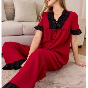 Women V-Neck Cardigan Pajama Top And Long Pants Wine Red Contrast Ruffle Trim Short Sleeve Button Down Home Wear Sleep