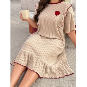 Beige ribbed knit loungewear dress with red heart embroidery and ruffled hemline