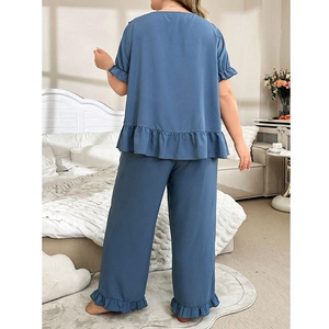 Women plus size pajama set with lace v-neck and ruffle trim in blue-grey back view