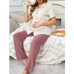 Short sleeve striped maternity pajama set with pink contrast trim and bow decoration