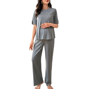 Loose grey short sleeve maternity pajamas set with buttoned top and elastic pants
