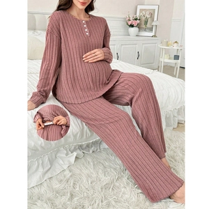 Set Pigiama premaman a costine da donna con maniche lunghe Top And Bottom comodo abbigliamento per la casa a tinta unita per l'autunno inverno primavera