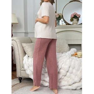 Comfortable maternity pajama set with short sleeve ribbed top and wide leg pants